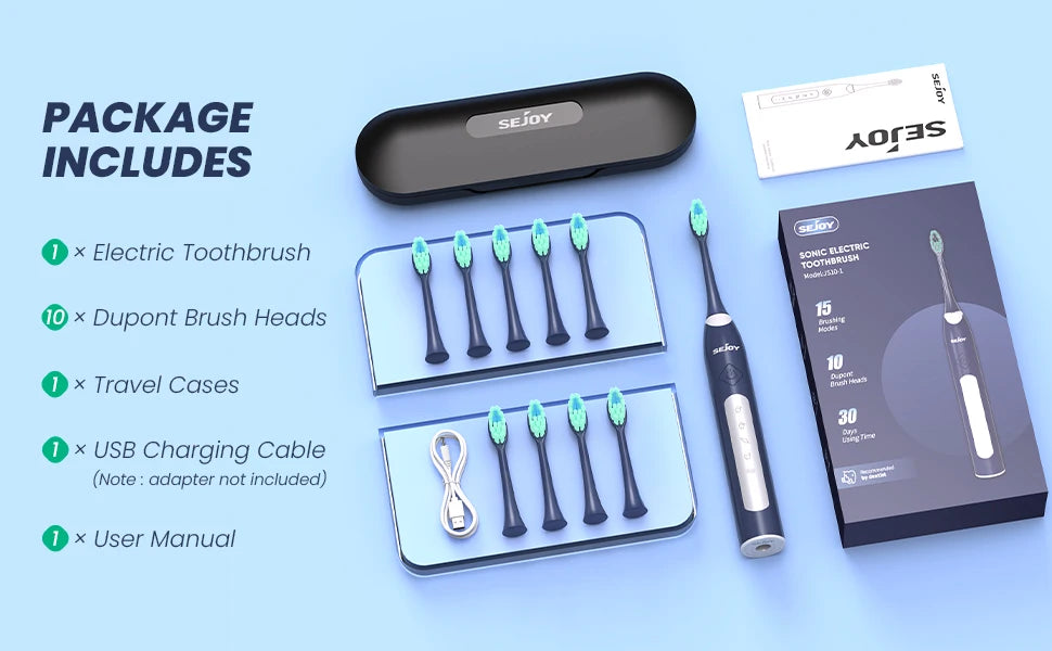 Sejoy JS10-1 Electric Sonic Toothbrush with 10 pcs Replacement Heads Rechargeable Waterproof Electronic Tooth Brushes