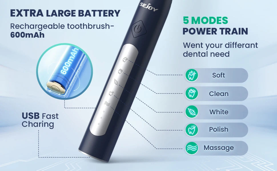 Sejoy JS10-1 Electric Sonic Toothbrush with 10 pcs Replacement Heads Rechargeable Waterproof Electronic Tooth Brushes